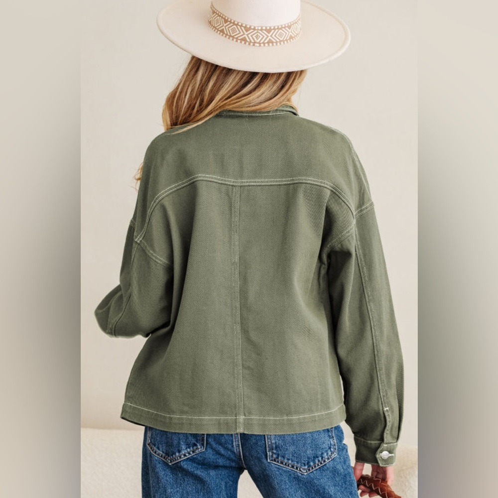 Luna - Olive Green Boyfriend Denim Jacket - Picture 3 of 5